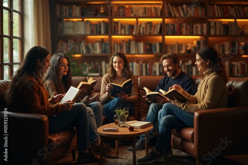 Cozy book club gathering in a warm library setting with friends enjoying literature and discussion.
