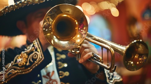 Traditional Mexican mariachi player with trumpet photo