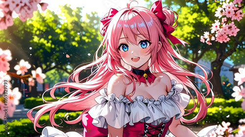 A cute anime girl with big, sparkling blue eyes and long, flowing pink hair, wearing a frilly pastel-colored dress with ribbons and bows ai