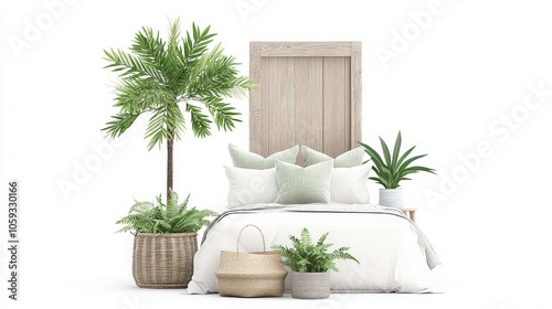 Earthy master bedroom with nature-inspired decor, including wooden textures, neutral colors, and plant accents for a natural vibe