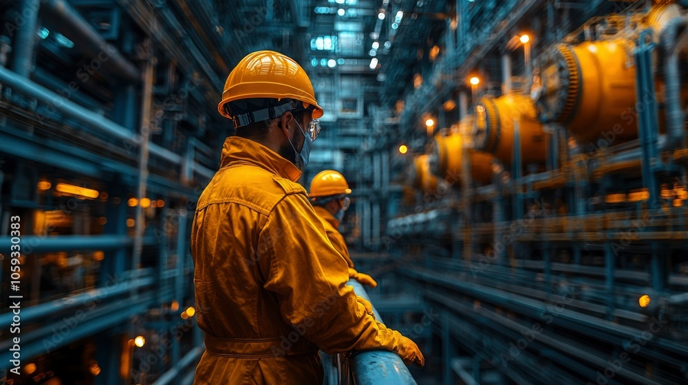 Industrial Worker in Yellow Suit and Hard Hat, Standing in a Factory Industrial Worker in Yellow Suit and Hard Hat, Standing in a Factory