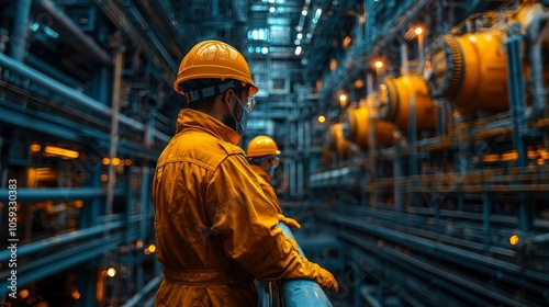 Industrial Worker in Yellow Suit and Hard Hat, Standing in a Factory