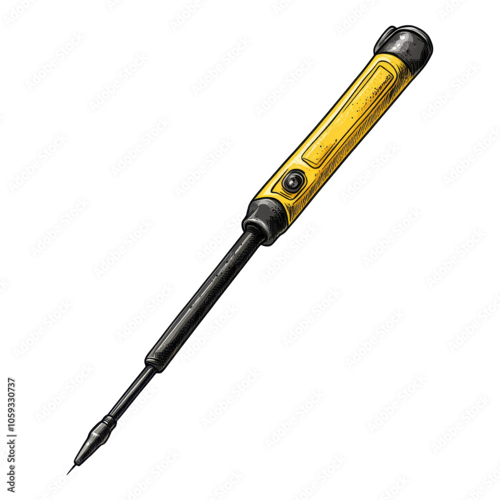 A yellow screwdriver with a textured grip and a pointed tip, ideal for precision tasks in various applications. A yellow screwdriver with a textured grip and a pointed tip, ideal for precision tasks in various applications.