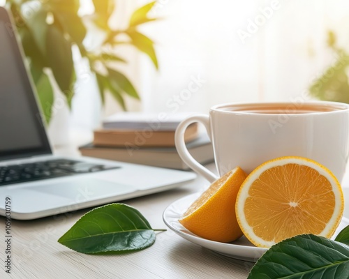 Professional with detox tea and healthy snacks, wellness in office, warm lighting photo