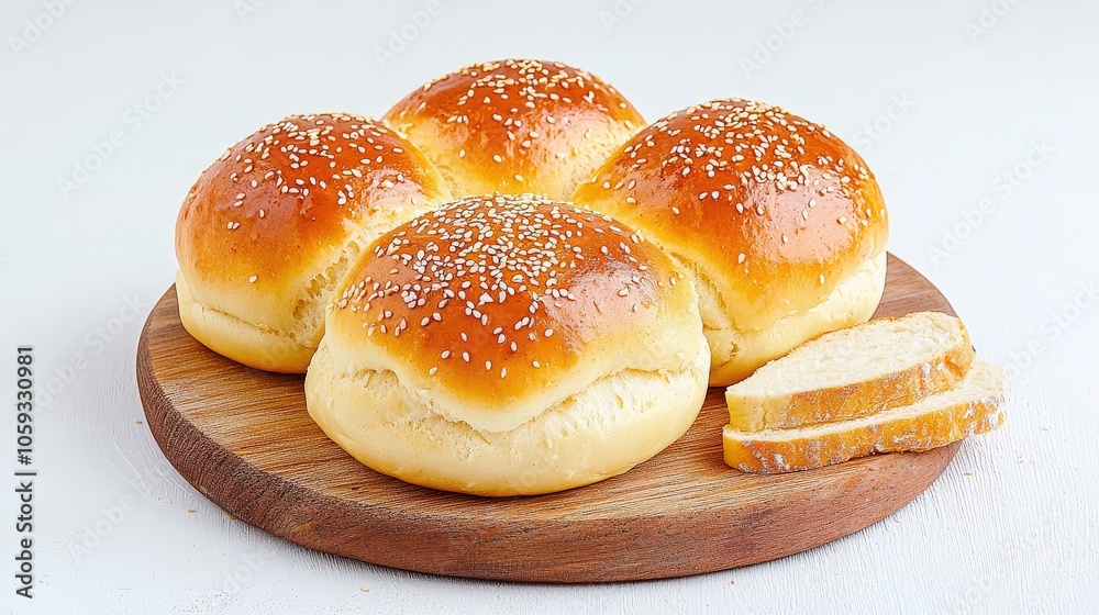 Freshly baked sesame seed buns stacked on a wooden cutting board, alongside slices of bread, creating a rustic and inviting breakfast scene. Freshly baked sesame seed buns stacked on a wooden cutting board, alongside slices of bread, creating a rustic and inviting breakfast scene.