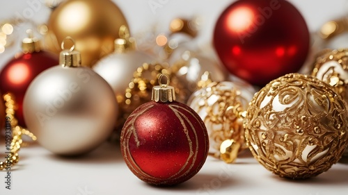 "Glittering Christmas decorations with gold and red details, on a white background."