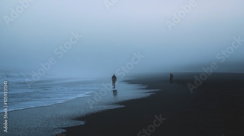 Misty beach at dawn with two lone figures, a serene yet lonely scene.