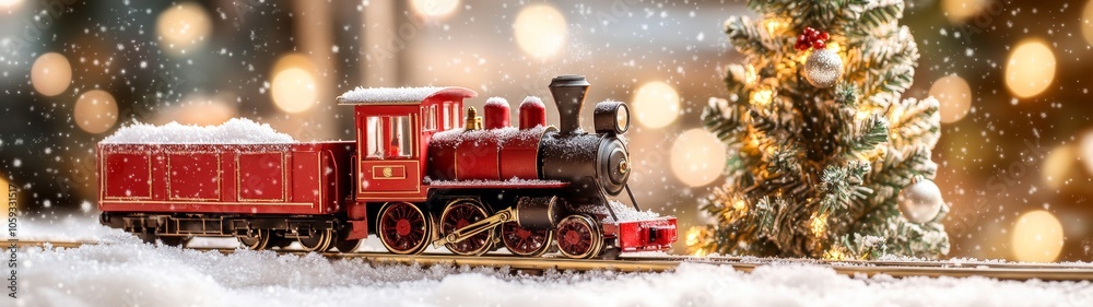 Christmas train decoration on snow next to a Christmas tree and bokeh lights size 32:9 Christmas train decoration on snow next to a Christmas tree and bokeh lights size 32:9