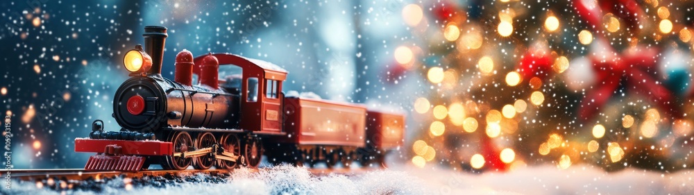Obraz premium Christmas train decoration on snow next to a Christmas tree and bokeh lights size 32:9