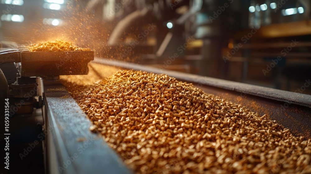 Wood Pellets Flowing on a Conveyor Belt in a Factory
