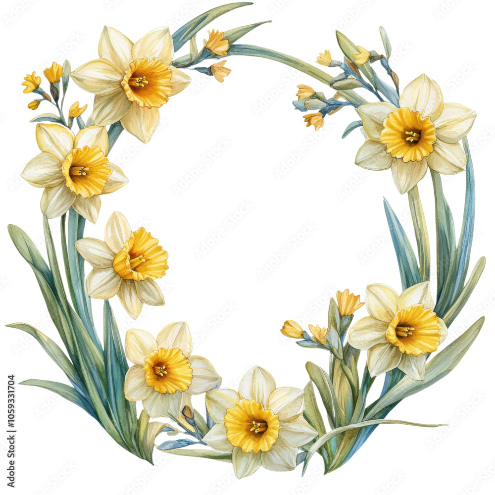 Obraz premium beautiful floral border featuring vibrant yellow daffodils surrounded by lush green leaves, perfect for adding touch of nature to any design