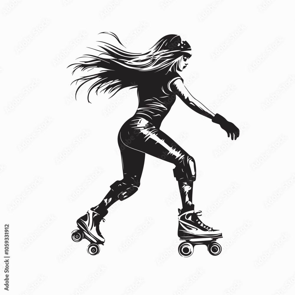 Fototapeta premium Woman roller skate Vector Image. Woman riding roller skate Female character rollers blading Sport vector illustration