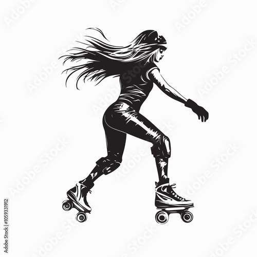 Woman roller skate Vector Image. Woman riding roller skate Female character rollers blading Sport vector illustration