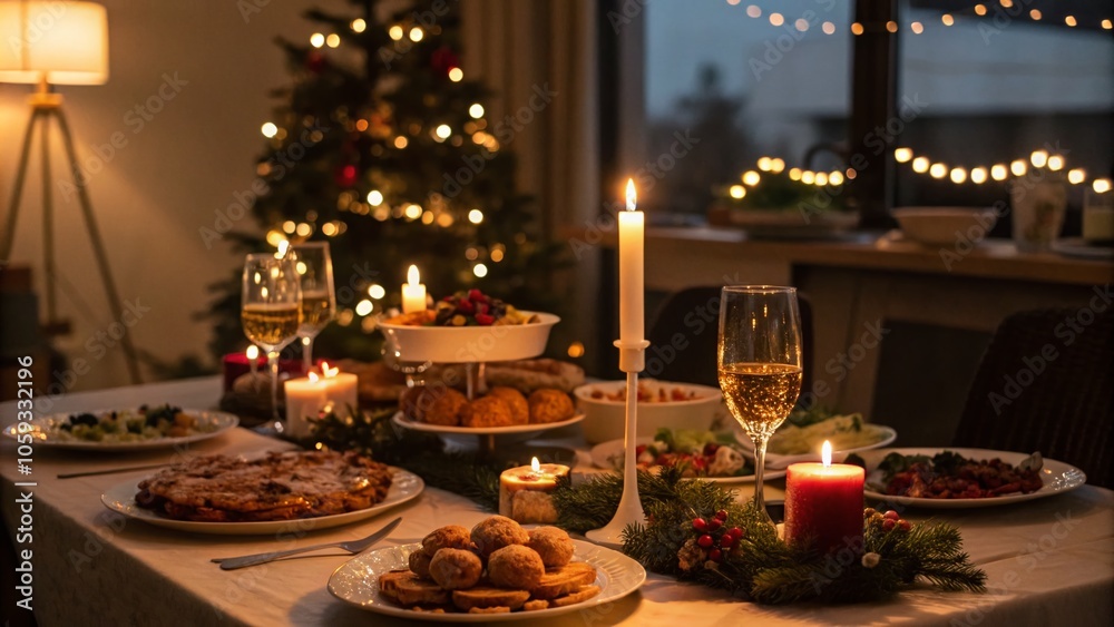 Festive Dining Table Silhouette with Delicious Dishes in Warm Lighting for Celebrations Festive Dining Table Silhouette with Delicious Dishes in Warm Lighting for Celebrations
