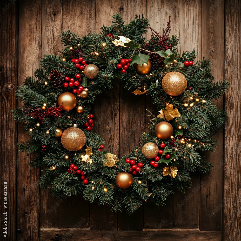 Festive christmas wreath with pinecones and baubles on rustic wooden door for holiday decor inspiration. Festive christmas wreath with pinecones and baubles on rustic wooden door for holiday decor inspiration.