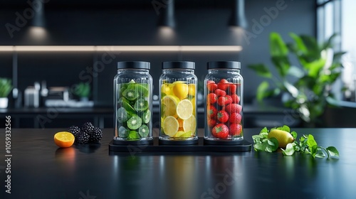 Detox station with fruitinfused water jars in office, wellness focus, inviting layout photo