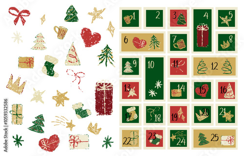 Christmas advent calendar with numbers on tag. Stamp pattern for gift label. Crayon xmas card with postage chevron design. Kid pencil scribble for greeting mail set. Postcard window for present.