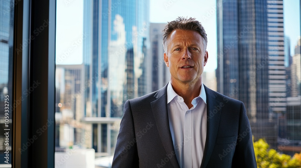 Confident businessman overlooking a dynamic cityscape from his office window Confident businessman overlooking a dynamic cityscape from his office window