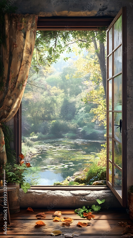 Fototapeta premium A tranquil view through a window captures the beauty of a serene outdoor landscape. 