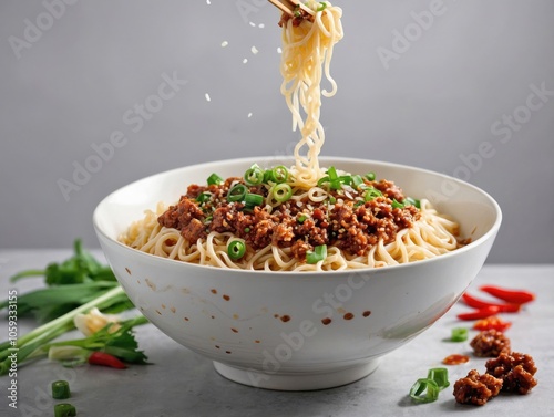 Dan Dan Noodles in White Bowl with Garlic Sauce Drizzle on Light Background photo
