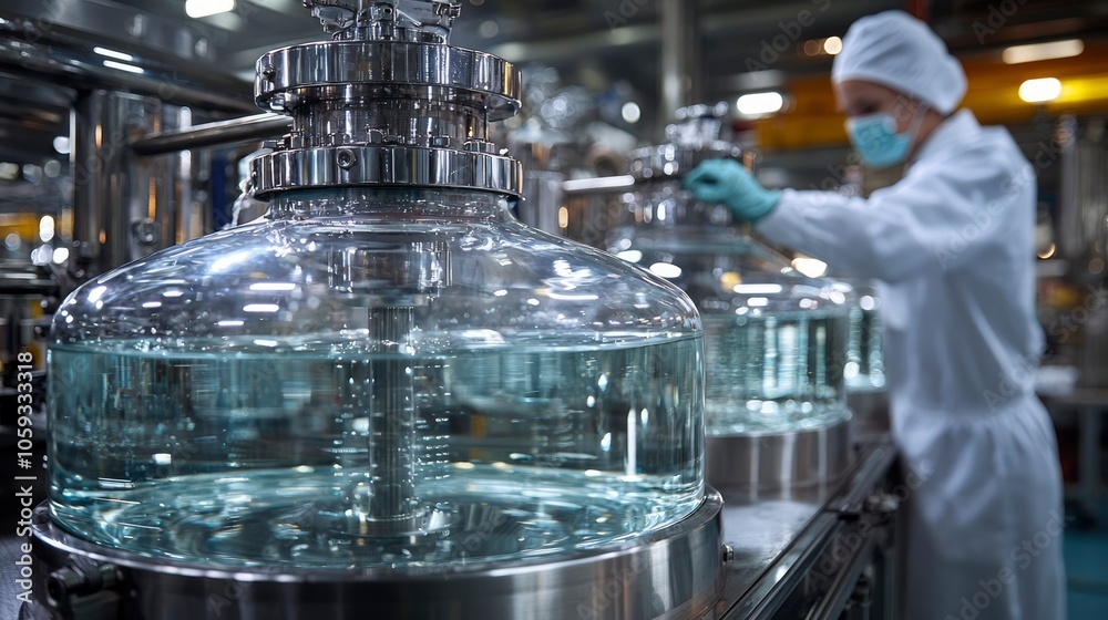 Close-up of a Large Glass Vessel with Liquid and a Stirring Rod in a Factory Setting Close-up of a Large Glass Vessel with Liquid and a Stirring Rod in a Factory Setting
