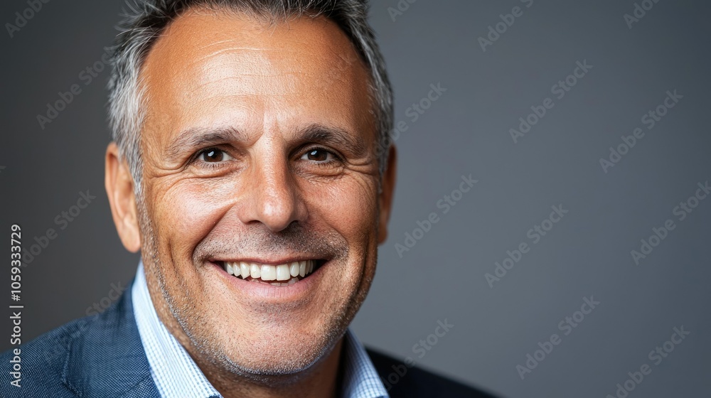 Confident middle-aged businessman with a relaxed smile showcasing professionalism Confident middle-aged businessman with a relaxed smile showcasing professionalism