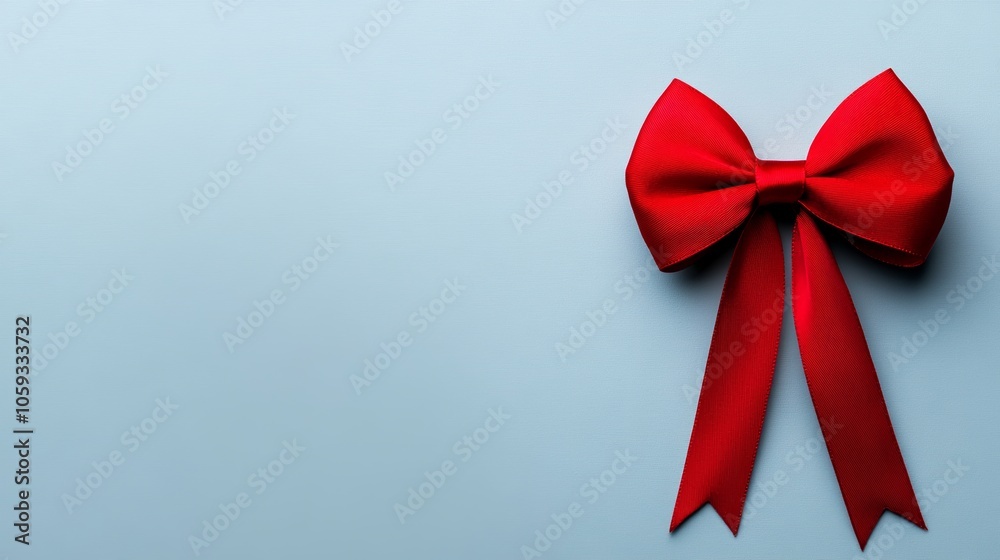 Red Satin Ribbon Bow on Blue Background Gift Wrapping Decoration Holiday Red Satin Ribbon Bow on Blue Background Gift Wrapping Decoration Holiday