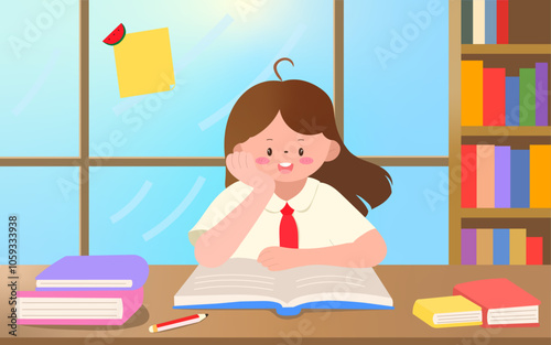 Cute Student Girl Studying in Classroom, Back to School Vector Illustration for Education and Learning
