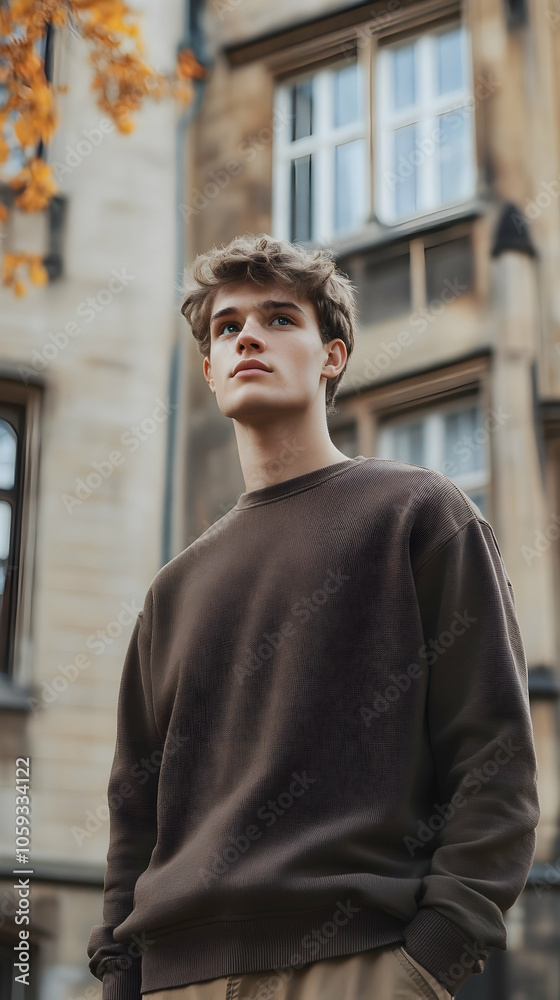 A young man in a brown sweater stands in front of an old building, adding a touch of charm to the modern setting. A young man in a brown sweater stands in front of an old building, adding a touch of charm to the modern setting.