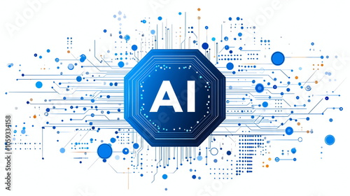 A futuristic abstract illustration representing artificial intelligence with the letters AI displayed in a blue octagon against a white background.