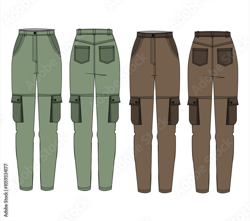 Slim fit Cargo Pants technical fashion Illustration. Wide Leg Pants fashion flat technical drawing template, pockets, elastic waist, front, side and back view