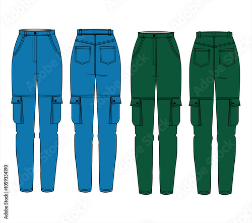 Slim fit Cargo Pants technical fashion Illustration. Wide Leg Pants fashion flat technical drawing template, pockets, elastic waist, front, side and back view