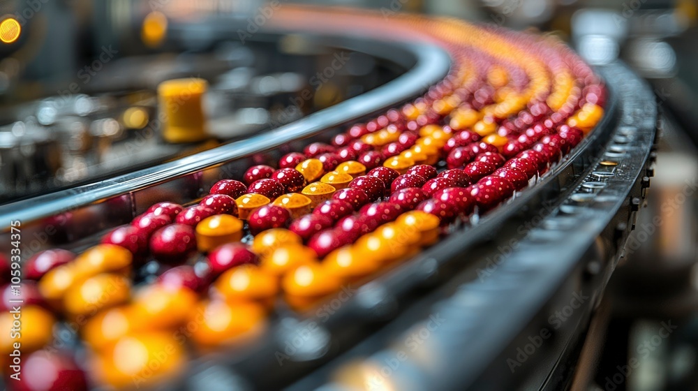 Conveyor Belt of Red and Yellow Spheres in a Factory Conveyor Belt of Red and Yellow Spheres in a Factory