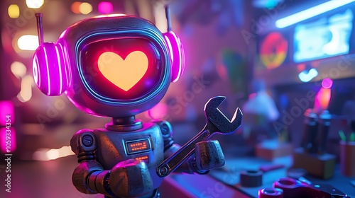 robot with glowing heart and eyes holds a wrench in a vibrant workshop and friendly AI