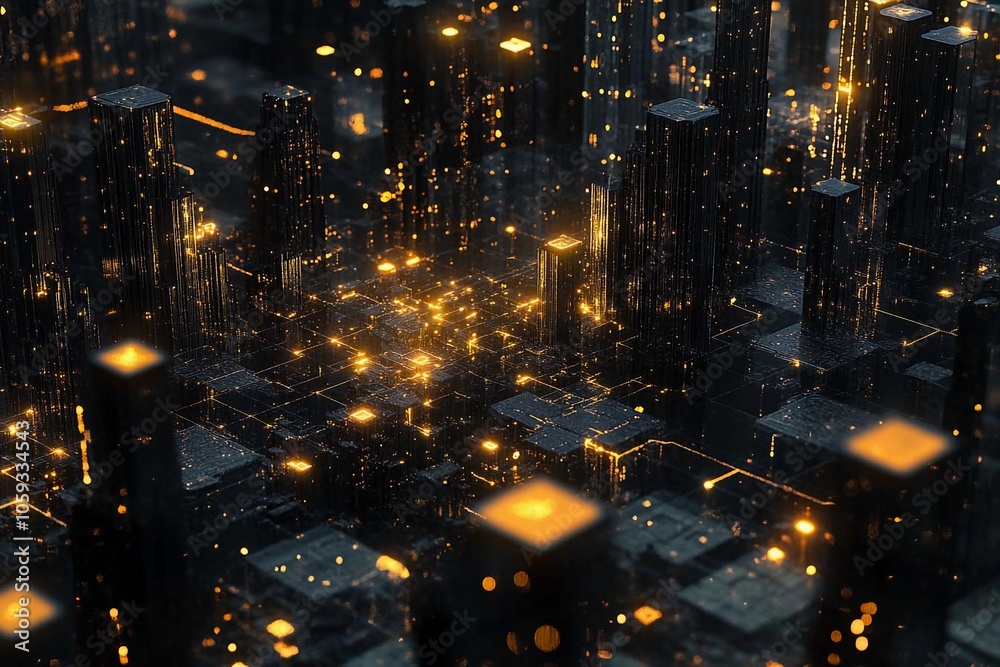 Illuminated cityscape with glowing lights reflecting on modern architecture at night. Generative AI Illuminated cityscape with glowing lights reflecting on modern architecture at night. Generative AI