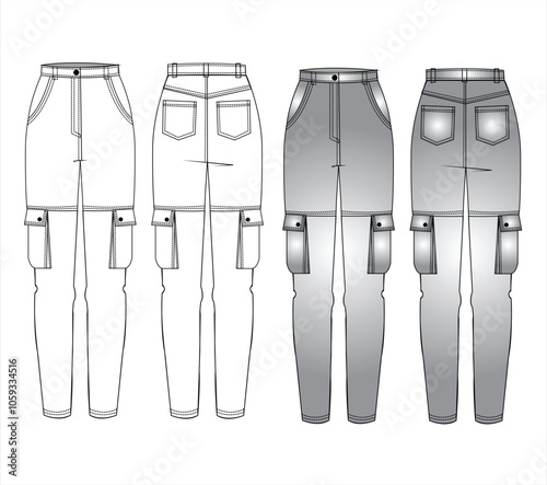 Slim fit Cargo Pants technical fashion Illustration. Wide Leg Pants fashion flat technical drawing template, pockets, elastic waist, front, side and back view