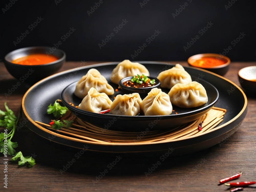 Dumplings on Black Plate with Dipping Sauce on Wooden Surface Dumplings on Black Plate with Dipping Sauce on Wooden Surface