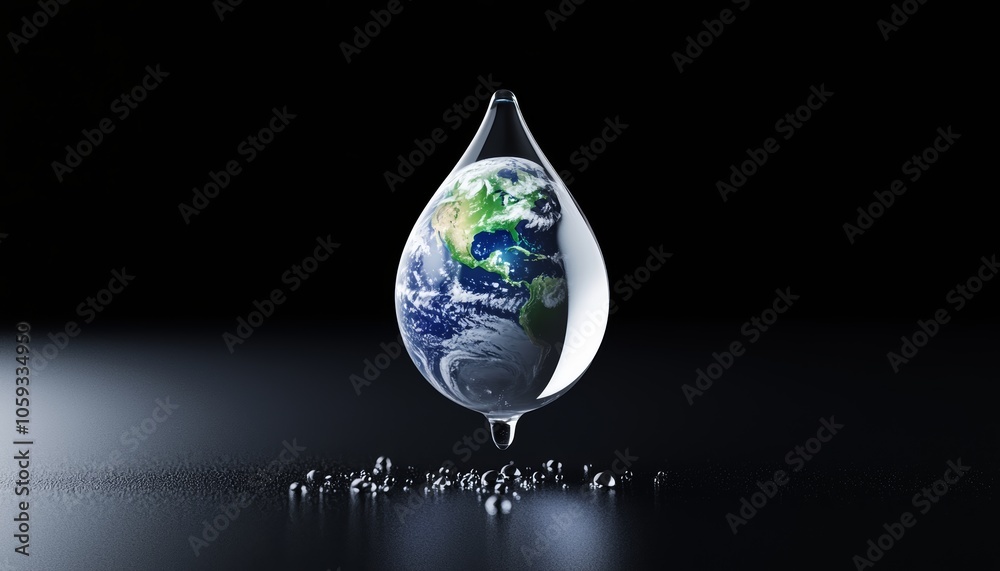 Fototapeta premium A single water droplet showcasing a miniature Earth inside, surrounded by tiny water droplets, symbolizing global responsibility towards water conservation.
