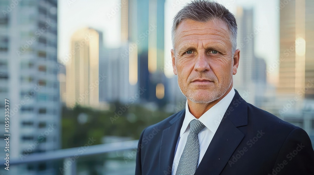 Confident senior executive in business attire overlooking urban skyline