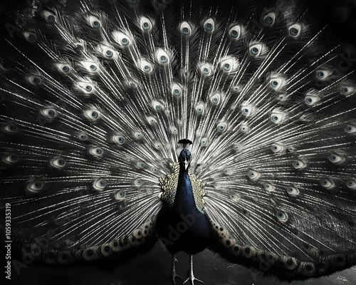 An elegant peacock with its feathers spread wide, each feather displaying different artistic styles    
