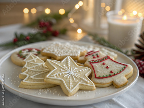 Festively decorated Christmas cookies on plate for holiday gathering and celebration