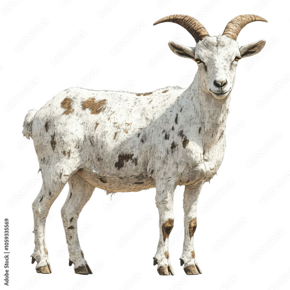 A white goat with distinctive brown spots and curved horns stands against a black background, showcasing its unique markings and features. A white goat with distinctive brown spots and curved horns stands against a black background, showcasing its unique markings and features.