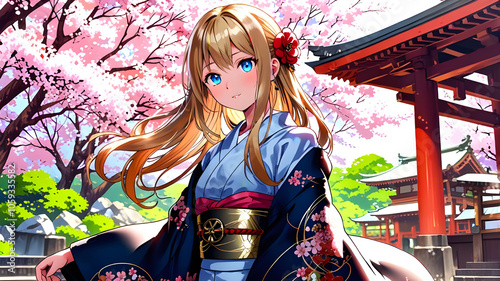 A cute anime girl with long, flowing blonde hair and blue eyes, dressed in a traditional kimono with floral patterns ai photo