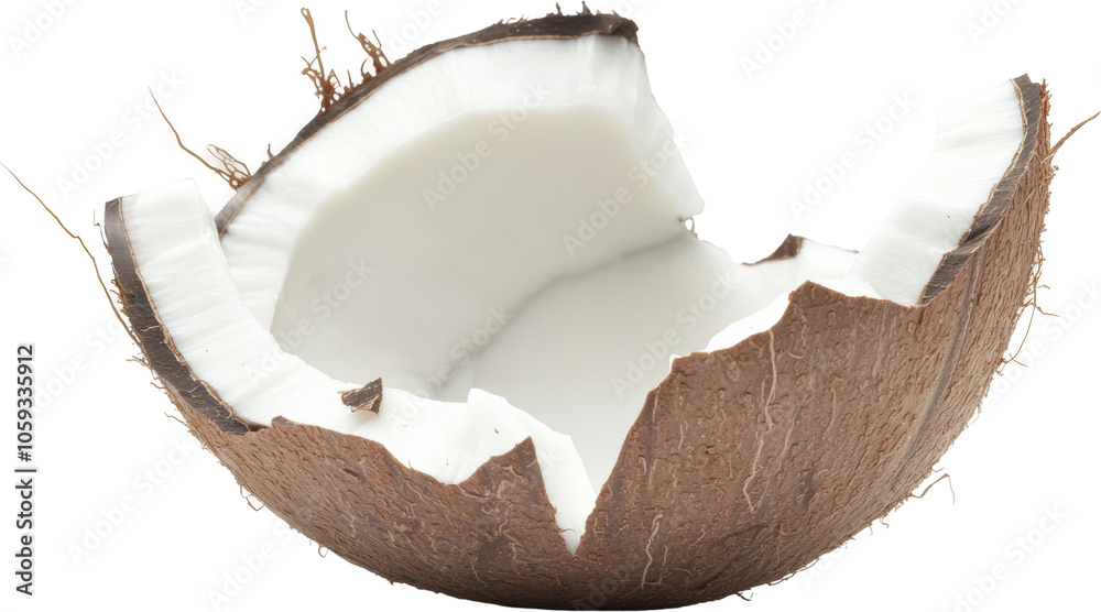 Half coconut with white flesh on transparent background, tropical fruit concept Half coconut with white flesh on transparent background, tropical fruit concept