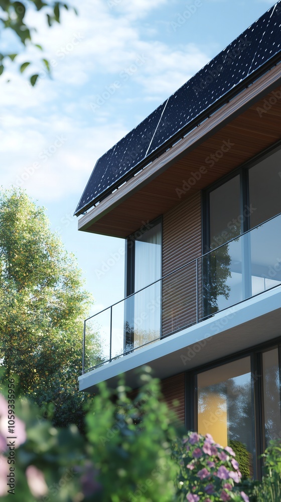 custom made wallpaper toronto digitalModern Sustainable Home with Solar Panels and Glass Balcony, Perfect for Green Architecture, Energy Efficiency, and Eco-Friendly Living Concepts