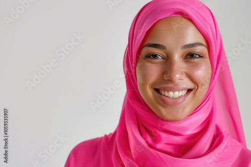 Portrait of young Muslim woman in pink hijab.