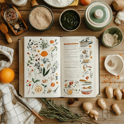 Flat Lay of Family Recipe Book with Ingredients and Tools -