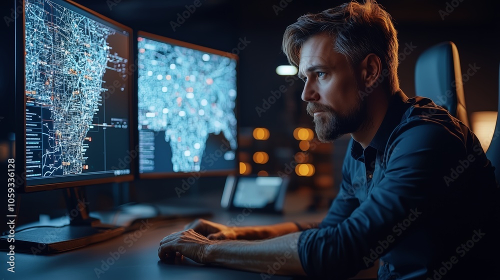 Freight Dispatcher Analyzing Digital Data on Monitors Freight Dispatcher Analyzing Digital Data on Monitors