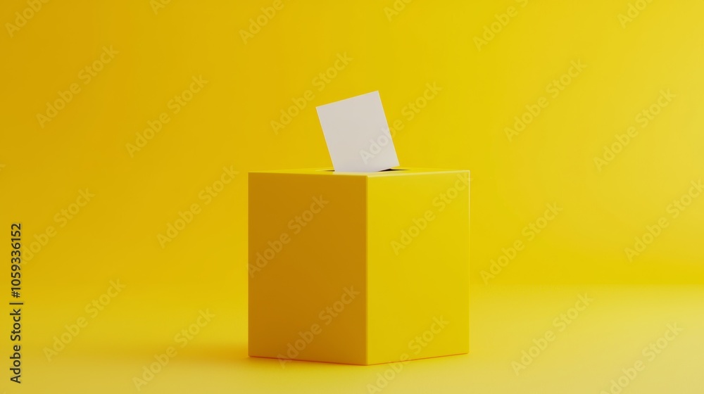 Obraz premium Bright yellow ballot box with a clear 'VOTE' sign, a checked ballot being inserted, emphasizing accessible and straightforward voting.