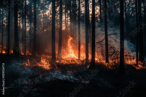 Intense wildfire engulfs forest with thick smoke rising amidst the devastation of nature